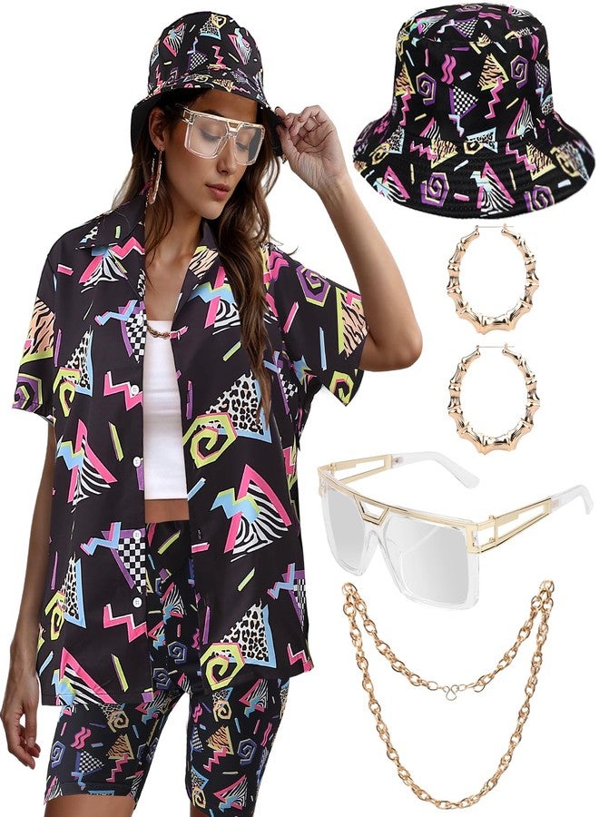 WILDPARTY 80s 90s Outfit for Women Retro Theme Party Disco Outfit Hip Hop Costume Button Up Blouse Tops Casual Short Sleeve Hawaiian Vintage 6PCS Black-2XL - Image 1